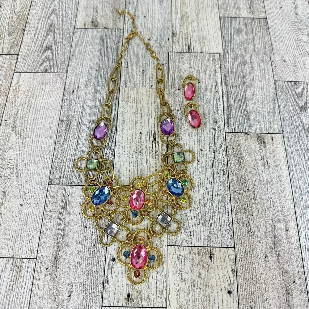Pastel Gemstone Statement Bib Necklace Earrings Set‎ Rhinestone Soft Girl